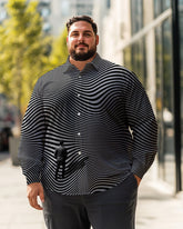 Chemise à manches longues grande taille à rayures ondulées grises/noires pour hommes, chemise boutonnée